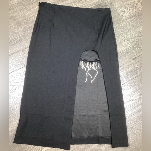 Galita Black Midi Skirt With Side Slit & Rhinestone Fringe Detail Size L NWOT - Picture 2 of 8